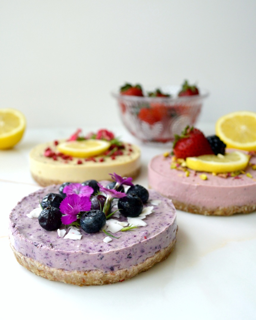 Mini Lemon Ginger, Strawberry Lemon and Blueberry Lavender Cheesecakes (Raw, Vegan) by Plantbased Baker